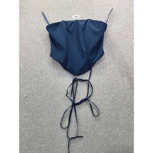 Navy Blue Lace Up Back Corset Top Pointed Hem Strapless XS